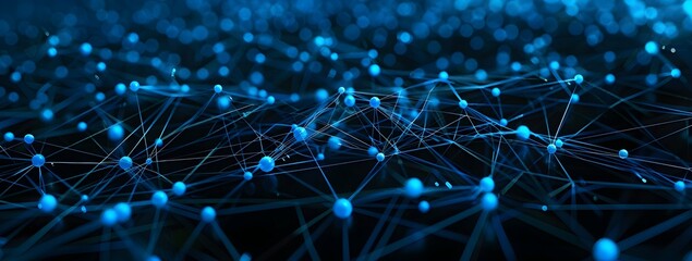 Poster - A closeup of interconnected blue spheres forming an intricate network on dark background, symbolizing the complexity and connectivity in modern digital networks
