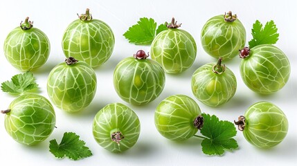 Wall Mural - A collection of freshly picked, green gooseberries and their accompanying leaves on a white backdrop.