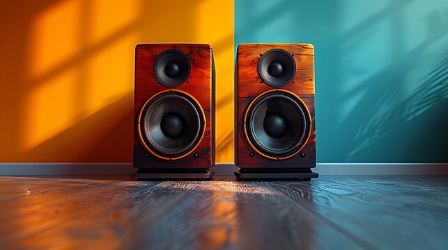 A pair of wooden speakers with a modern design, set against a colorful wall with a striped pattern. The speakers are placed on a wooden floor, and the lighting creates a warm glow on the wood.