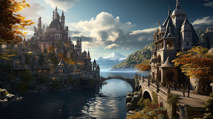 Wall Mural - Winter, morning light, distant view of the lake, castle, clouds, sunshine, fairy tale, lighting effects, fantasy