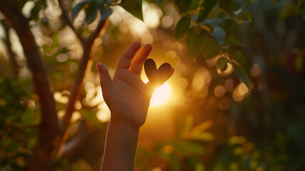 Wall Mural - Heart shape hand of kid`s body language for children`s love, kindness, love concept. Heart Hand on nature sunset bokeh background