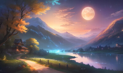 lofi音楽用画像、川と満月のある美しい風景画像、アニメ、AI