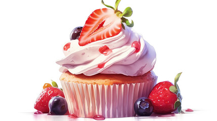 Poster - strawberry cupcake, isolated in white background