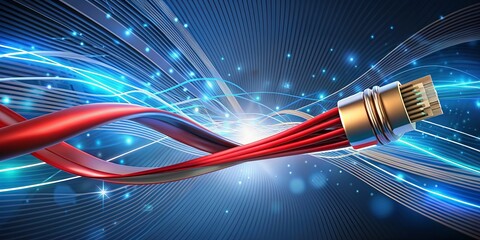 A red and blue cable is shown in a blue background