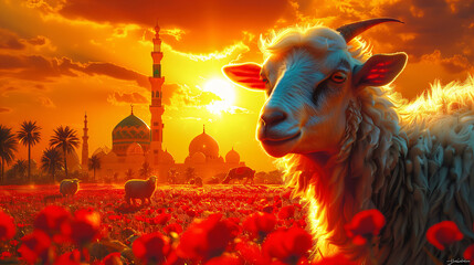Wall Mural - Eid al adha greeting poster with islamic mosque and goat