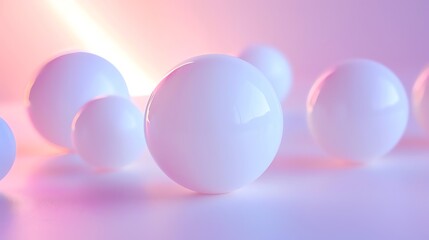 Poster - 3D rendering of a group of white spheres on a pink background. The spheres are of different sizes and are arranged in a random order.