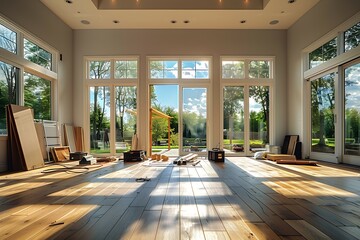 home refurbishment process on a sunny day, featuring large, modern windows that allow natural light 
