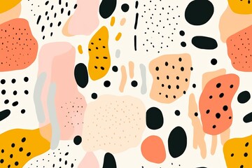 Wall Mural - Abstract seamless pattern with colorful shapes and dots in pastel tones, perfect for modern backgrounds and textile designs.