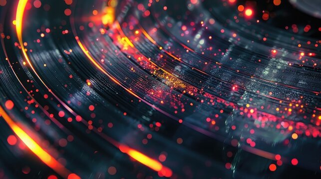 a close-up of the surface of a vinyl record with neon grooves and light particles traveling along th