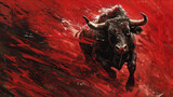 A bull is running through a red background