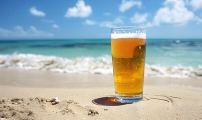 Wall Mural - A glass of beer sits on a sandy beach , Generative AI