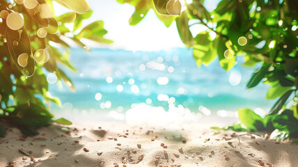 Tropical nature clean beach and white sand in summer with sun light blue sky and bokeh abstract background