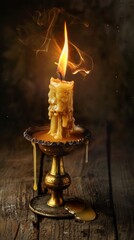 Poster - Old extinguished candle with flowing wax on a wooden table is smoking in the dark