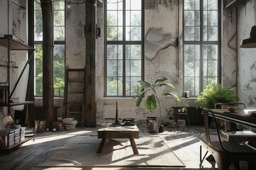 Poster - The image shows a well-lit industrial loft interior, where sunlight streams across lush indoor plants and minimalist décor