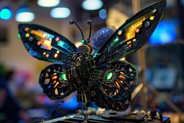 Poster - Spectacular illuminated robotic butterfly featuring LED lights and intricate cybernetic details, emphasizing technological art
