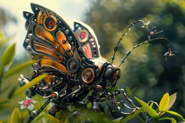 Poster - A digital artwork of a mechanical butterfly with intricate steampunk design perched on a plant
