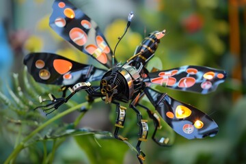 Aufkleber - A cybernetic butterfly model with striking glowing orange wings, combining the beauty of nature with technology