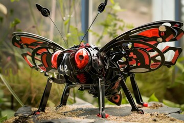 Poster - Striking red and black mechanical butterfly sculpture with visible cogs and gears on sandy ground
