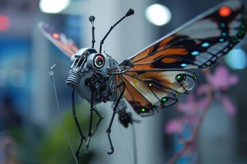 Poster - A futuristic robotic butterfly with transparent wings hovering among blurred lights