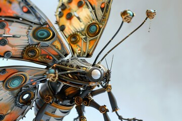 Poster - An imaginative portrayal of a robotic butterfly with ornate, detailed wings and floating elements, blurring lines between art and technology