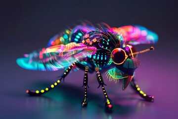 Poster - This image features a vibrant and detailed representation of a mechanical insect resembling a fly with neon colors