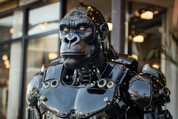 Aufkleber - A highly detailed robotic gorilla head on display, revealing a fusion of technology and lifelike design
