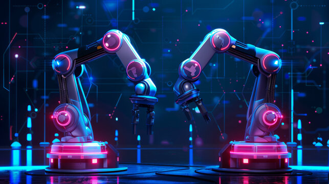 Two robotic arms are shown in a futuristic setting, with a blue