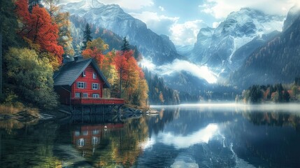 Wall Mural - Red house on the lake