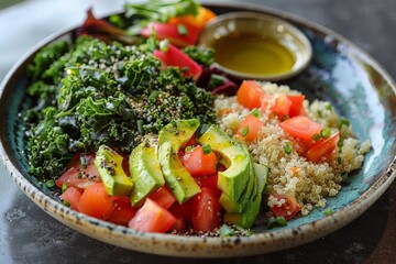 A vibrant, minimalistic photo of a vegan diet plate featuring quinoa, avocado, and kale salad with a light drizzle of olive oil. Highlight the vibrant colors and fresh ingredients of healthy eating