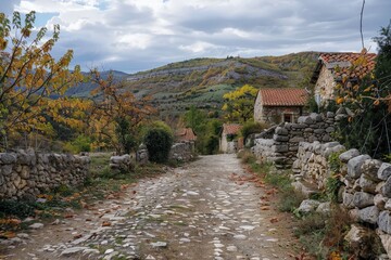 Poster - An idyllic view of a cobblestone road lined with trees and traditional stone houses amidst rolling hills