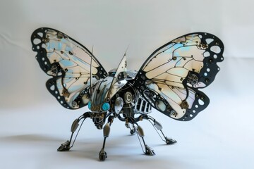 Poster - A mechanical butterfly sculpture with intricate details and stained-glass style wings against a plain background