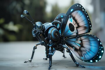 Poster - An artistically crafted robotic butterfly showcasing vivid blue translucent wings on an outdoor setting