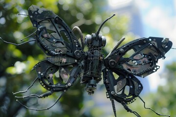 Poster - Intricately designed black mechanical butterfly with nature background, giving a contrast