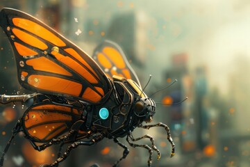 Poster - A highly detailed orange mechanical butterfly with a futuristic design perched elegantly against a soft focus background