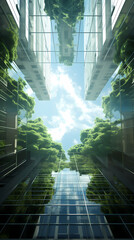 Wall Mural - Modern office building surrounded by green trees and blue sky