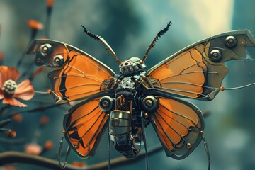 Poster - An artistic representation of a robotic butterfly with orange wings amidst flowers, showcasing a fusion of technology and nature