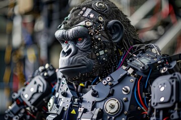 Poster - A detailed shot of an advanced robotic gorilla with numerous visible wires and mechanical parts, depicting high-tech artificial intelligence