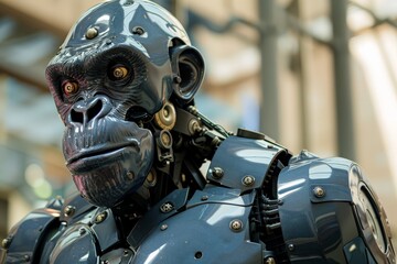 Poster - A glossy black robotic gorilla with striking red eyes is depicted, showcasing futuristic AI conceptual design