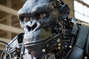 Poster - Close-up of an animatronic gorilla head with detailed robotic components and expressive eyes