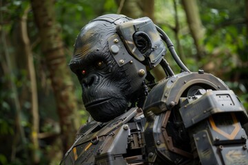 Aufkleber - A detailed depiction of a robotic gorilla's head with metallic features amidst vegetation