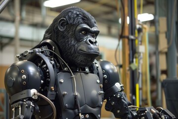 Poster - Side profile of a seated mechanical gorilla with intricate design details