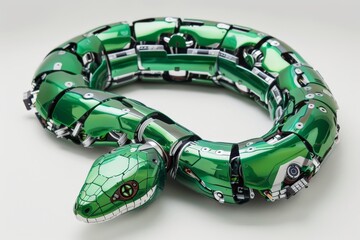 Aufkleber - A striking image of a robotic snake with a bright green color scheme coiled into a perfect circle, offering a fresh, technological vibe