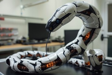 Poster - A white robotic snake with black and orange details is seen in a laboratory environment