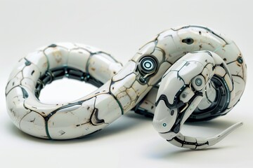 Poster - A white robotic snake with black and blue accents is laid out against a minimalist background