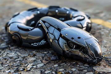 Aufkleber - This image showcases a robotic snake design with intricate patterns on a realistic textured ground