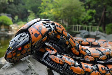 Poster - An orange and black robotic snake with red eyes placed in a natural environment, illustrated by blurred foliage