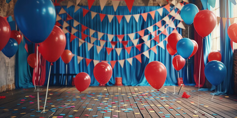 A party or celebration with lots of flags, bunting, ballons and signs