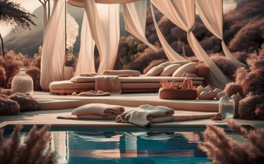 Relaxing at the beach and pool near a traditional wooden market