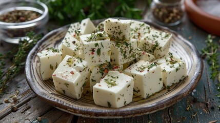 Poster - Feta cheese cubes with herbs and spices in the Greek tradition