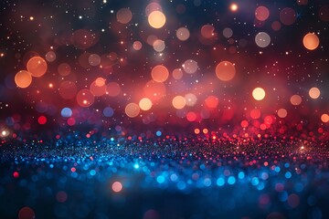 Poster - blurred colorful bokeh background with sparkling lights in red and blue hues, perfect for festive or